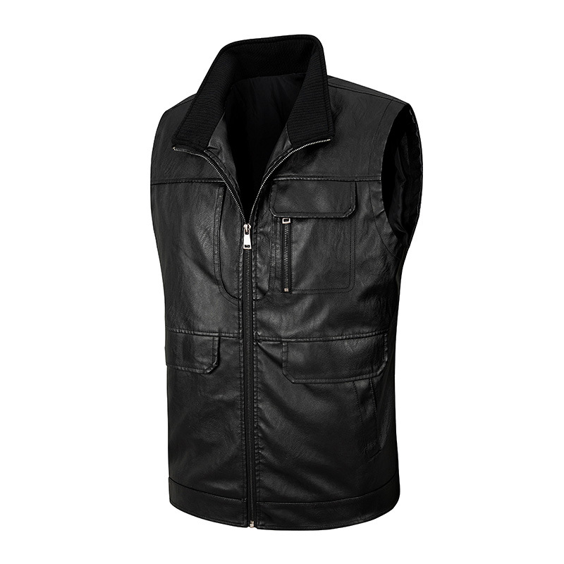 Leather Work Vest For Men - Rompi kulit pria, rompi kerah tegak