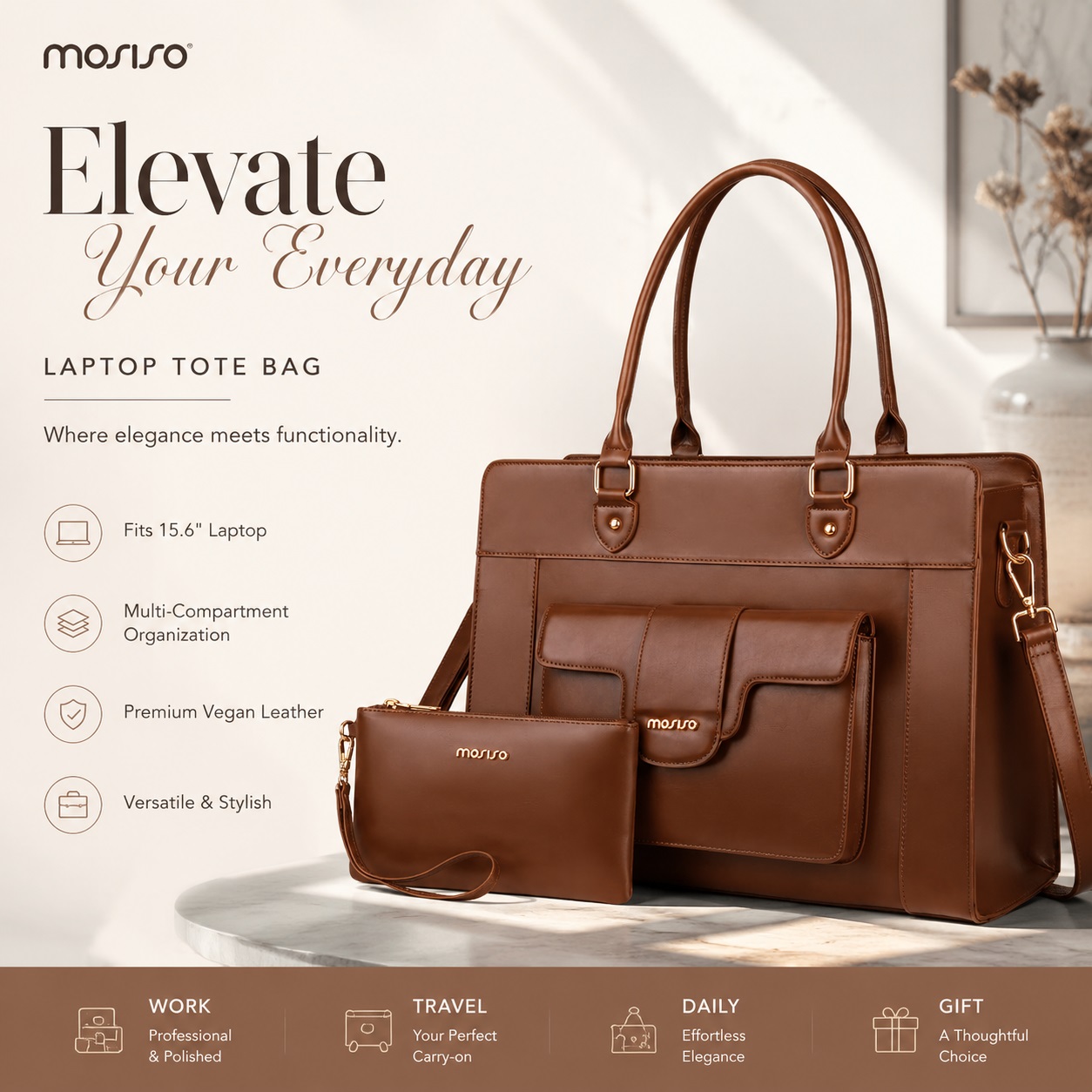 Leather Work Laptop Bag - Tas Jinjing Laptop MOSISO untuk Wanita